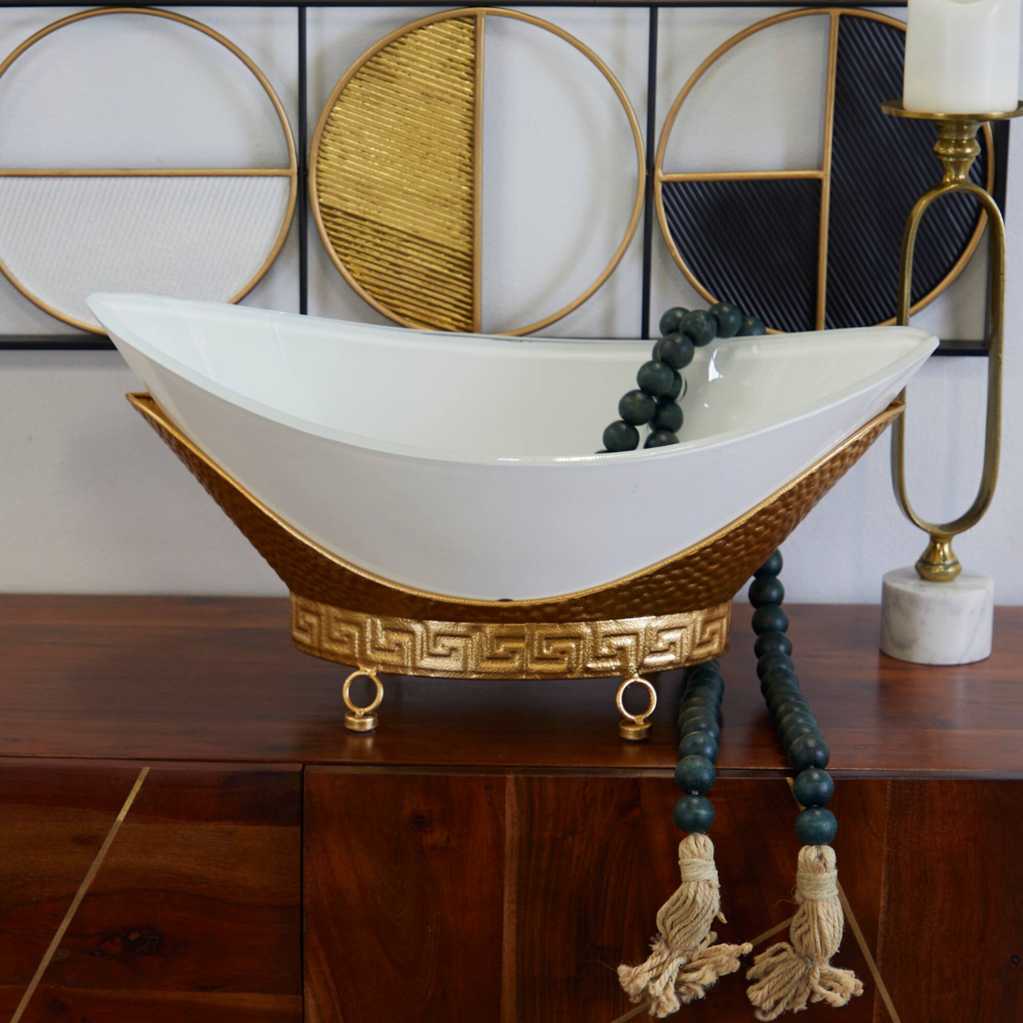 CosmoLiving by Cosmopolitan 23" White Glass Hammered Kitchen Serving Bowl with Gold Metal Stand